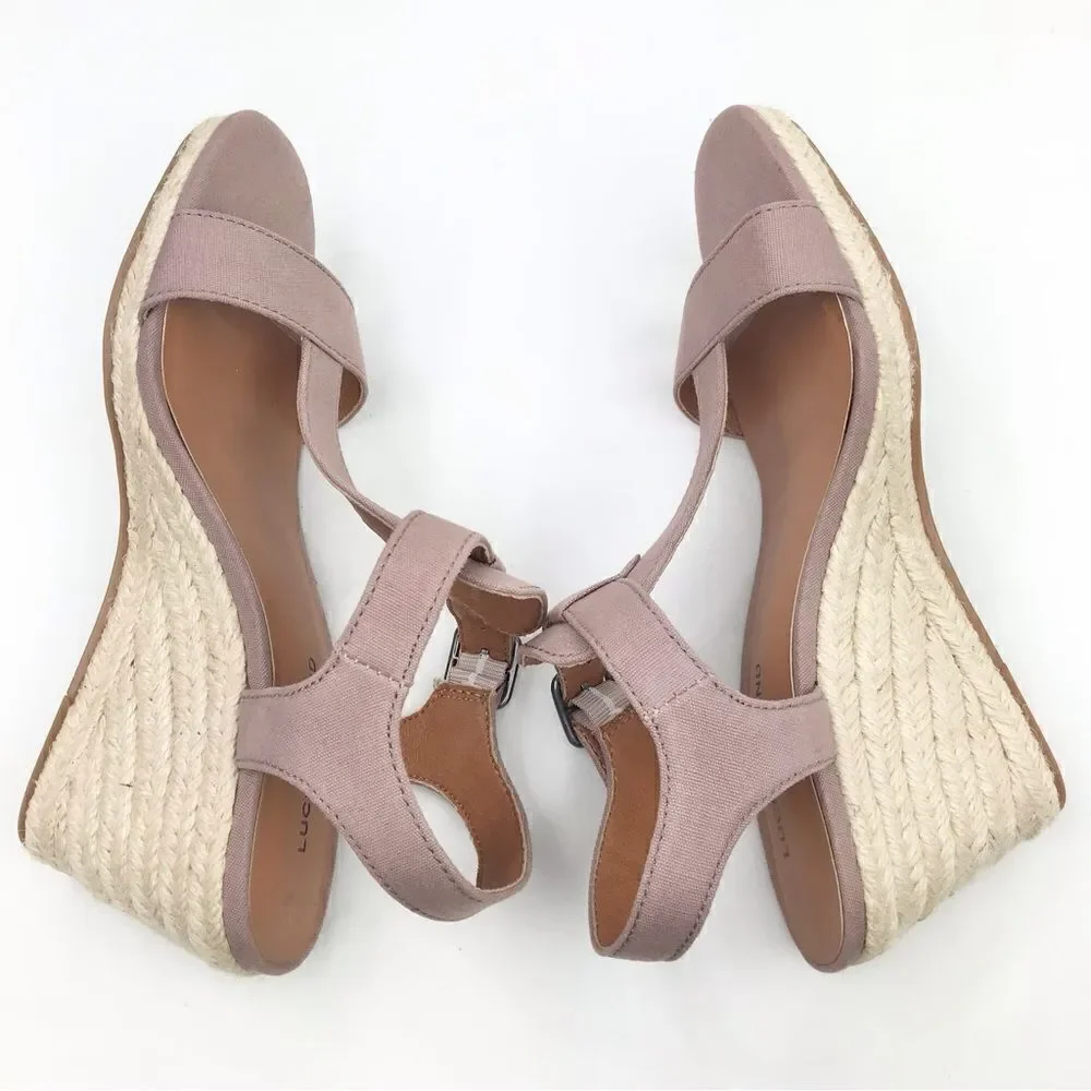 Lucky Brand Millinda Pink Espadrille T Strap Wedge Sandal in Antler Canvas